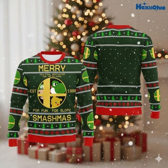Smash Bros Ugly Christmas Sweater, Super Smash Bros Gamer Holiday Sweatshirt, Super Mario Matching Sweater, Funny Video Game Xmas Outfit