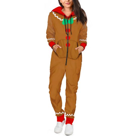Christmas Gingerbread Hooded Jumpsuit | Adult Jumpsuit | Adult Onesie
