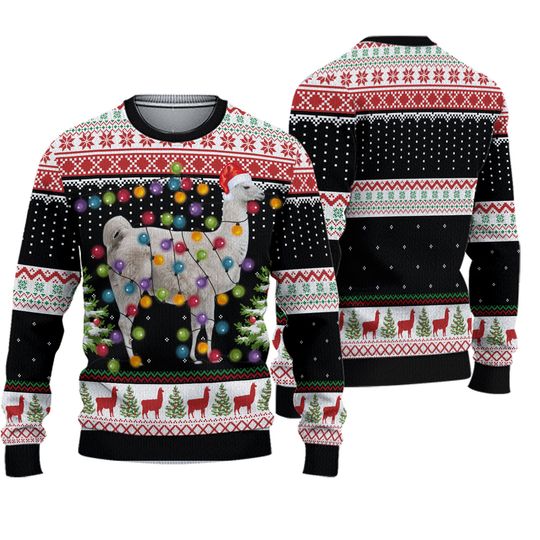 Funny Llama Christmas Lights Ugly Sweater, Alpaca Holiday Sweatshirt, Cute Animal Xmas Crewneck, Hilarious Gift for Mom