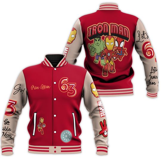 Iron Man Marvel Super Herro Kids and Youth Baseball Jacket, Aldult Unisex Varsity Baseball Jacket, Iron Man Baseball Jacket