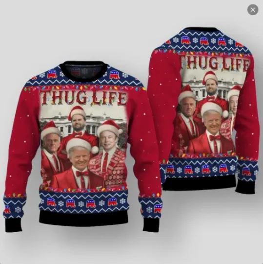 Thug Life Trump Vance Elon Musk Kennedy Jr Ugly Christmas Sweater