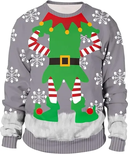 Men's Ugly Christmas Sweater 3D Xmas Unique Hilarious Graphic Long Sleeve Crewne