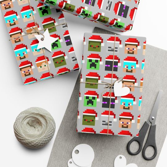 Minecraft Characters in Christmas Hats, Gamer Christmas Gift Wrapping Paper