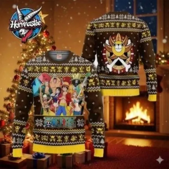 Straw Hat Pirates Anime Xmas One Piece Ugly Christmas Sweater Tee