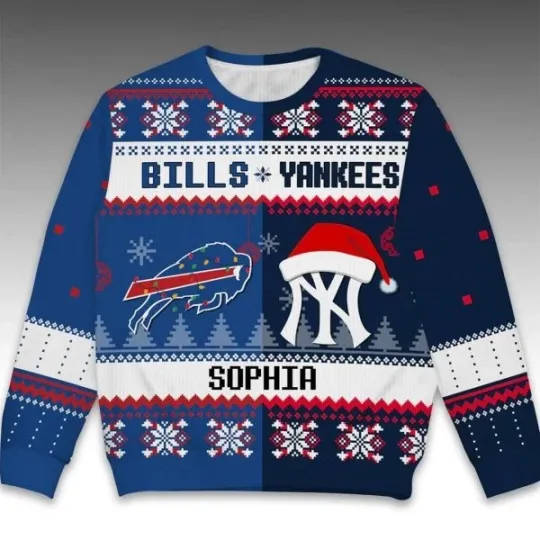 Discover 2025 Bills x Yankees Customized Christmas Ugly Sweater