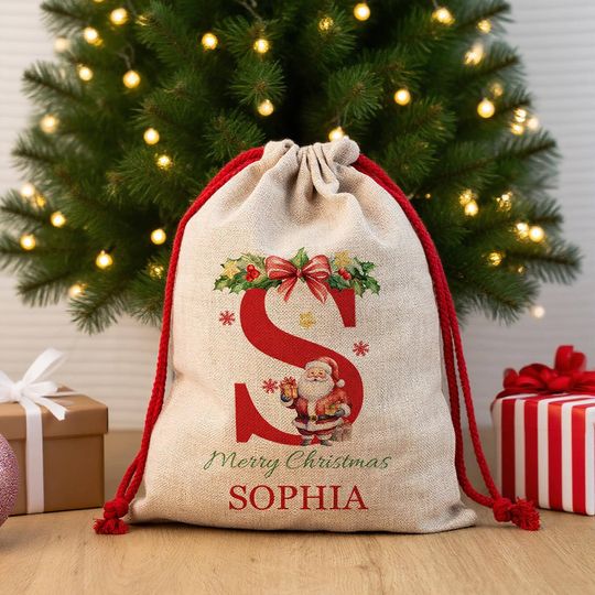 Discover Personalised Christmas Santa Sack with Name & Initial, Jumbo Xmas Gift Bag, First Christmas Present Sack