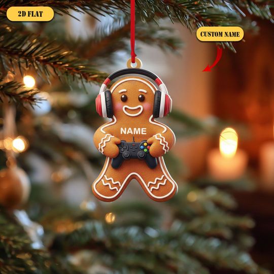 Discover Personalized Gamer Gingerbread 2D Flat Acrylic Ornament, Custom Name Gaming Christmas Decoration, Cute Video Game Player Holiday Gift
