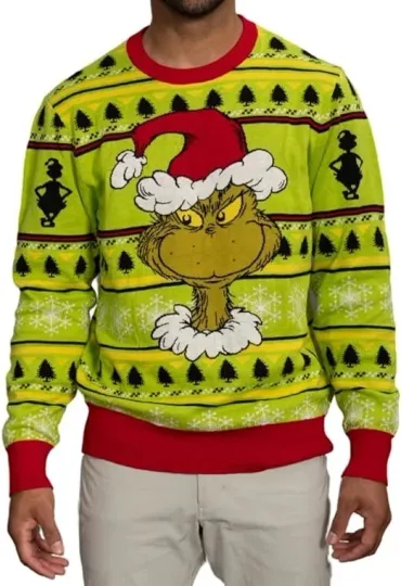 Unisex funny character Santa Hat Lime Green Snowflakes Ugly Christmas Halloween Sweater