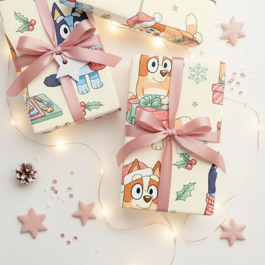 Discover BlueyDad Christmas Wrapping Paper | Cute Holiday Gift Wrap with Trees, Presents & Cookies | Vintage Pastel Kids Christmas Paper | Cozy Winter