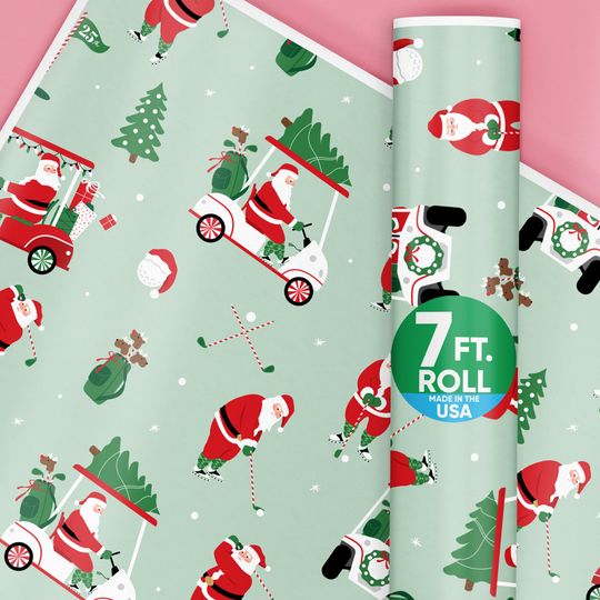 Discover Golfing Santa Wrapping Paper, Golf Christmas Holiday Gift Wrap Roll, Funny Santa Christmas Gift Paper, 24 in x 7 feet, 1 Roll