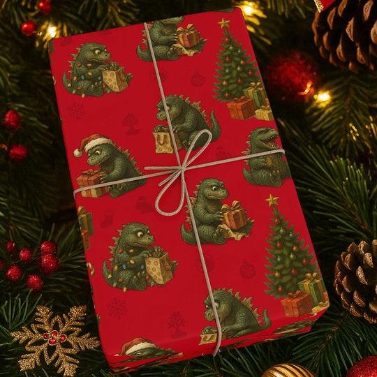 Funny god zilla Christmas Wrapping Paper | Baby god zilla Gift Wrap | Unique Christmas Paper for Monster Fans, Movie Lovers & Kaiju Collectors