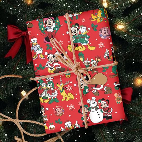 Discover Mickey and Friends Christmas Light Red Wrapping Papers, Disney Christmas Icons Gift Wrap, Mickey's Very Merry Christmas Party Wrap Gift