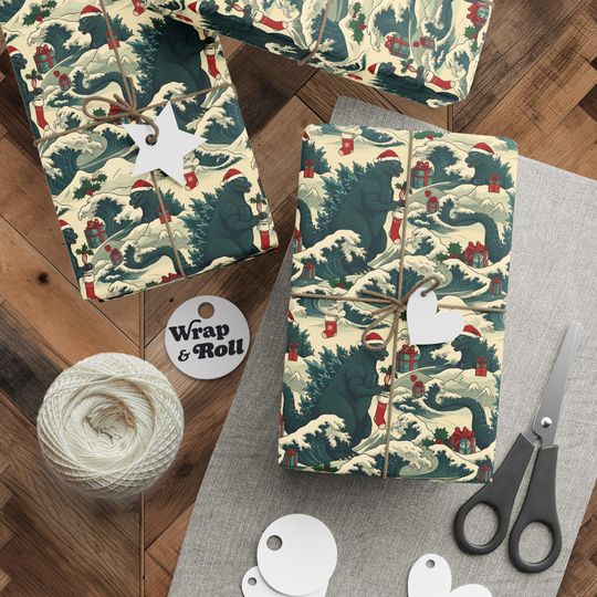 god zilla Wrapping Paper | Funny Christmas Monster Gift Wrap | Kaiju Edo Japanese Era Xmas Paper | Unique Holiday Decor Gift For Her/Him