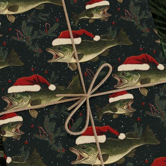 Discover Santa Bass Christmas Wrapping Paper, Festive Fishing Gift Wrap with Largemouth Bass, Santa Hat Bass Pattern, Unique Anglers Christmas Wrap
