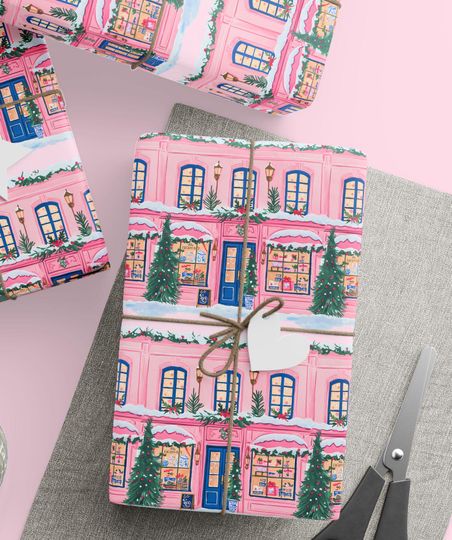 Discover Pink Winter Village Christmas Gift Wrap, Festive Heritage Packaging