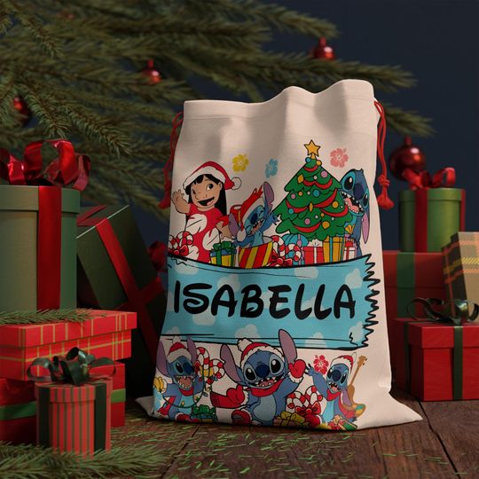 Custom Stitch Christmas Santa Sack, Personalized Kids Gift Bag