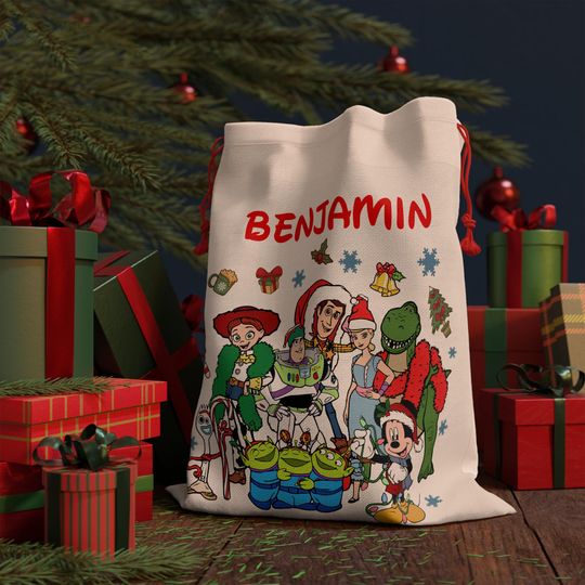 Discover Toy Story Christmas Gift Bag  Custom Drawstring Santa Sack for Kids, Vintage Disney Xmas Gift