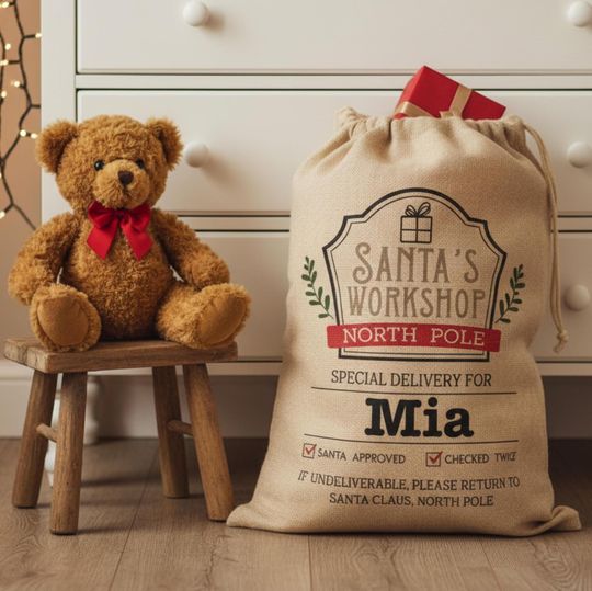 Discover Personalised Christmas Sacks. Santa's workshop Xmas Sack Custom Name Hessian Santa Sacks | Santa Sacks Personalised Extra Large 2025 Xmas