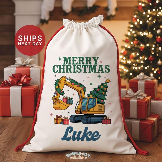 Discover Merry Christmas Excavator Santa Gift Bag: Custom Santa Gift Bag With Name, Construction Truck Holiday Bag(SG-7)
