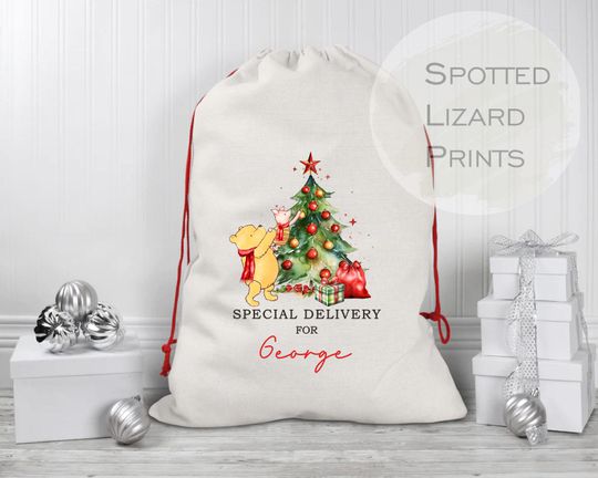 Discover Personalised Winnie the Pooh Santa Sacks | Linen Kids Stockings, Girls/Boys Xmas Gift Bag / Xmas Gift Bag / Post / Christmas Eve sack