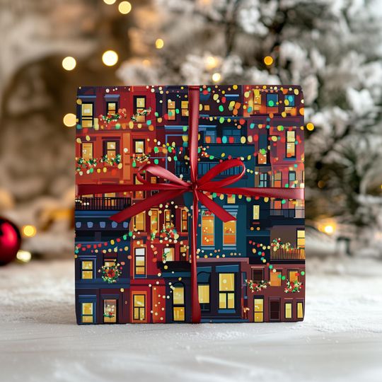 Discover Christmas Wrapping Papers, NYC Urban Xmas Scene, Holiday Gift Wrap Rolls, Brownstone Lights