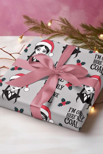 Discover Gothic Wednesday Adams Christmas Wrapping Paper | Creepy Cute Holiday Gift Wrap | Im Only Here for the Coal Santa Hat Pattern