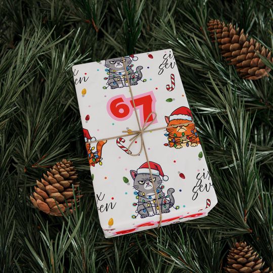 Wrapping Paper | Six Seven Grumpy Cat Christmas Wrapping Paper | Festive 6 7 Gift Wrap| Funny Christmas Gift Wrap 2025