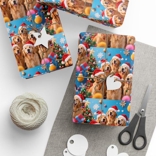 Discover Wrapping Papers - Golden Retriever Christmas Santa Cartoon Puppies, Gift Wrap, Puppy Theme, Holiday Dog Gift Present