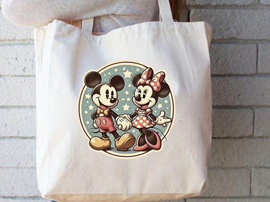 Discover Vintage Mickey and Minnie Mouse Canvas Tote Bag with Zipper