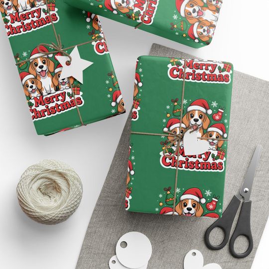 Discover Beagles Merry Christmas Wrapping Paper - Christmas Santa Cartoon Puppies, Gift Wrap, Puppy Theme, Holiday Dog Gift Present