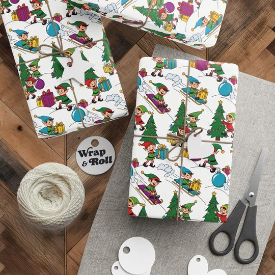 Cute Elf Christmas Wrapping Paper | Kids Holiday Gift Wrap | Santa's Helpers Cartoon Paper | North Pole Scene