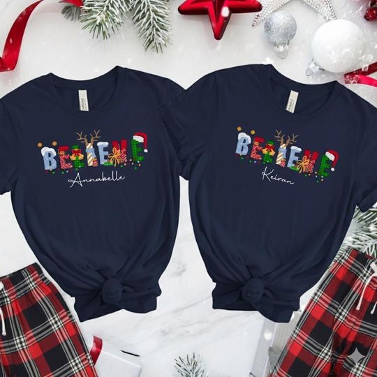 Discover Personalised Family Christmas Pyjamas: Navy 'Believe' Matching PJs