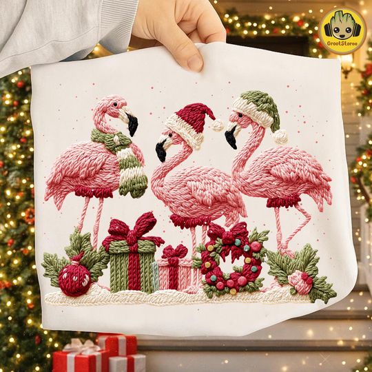 Discover Retro Cozy Winter Sweatshirt with Crochet Flamingo and Holiday Elements