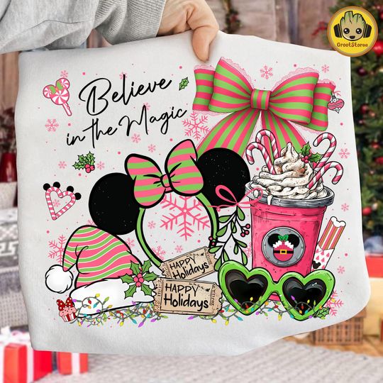 Discover Preppy Pink Magical Mouse Christmas Sweatshirt Cartoon Holiday Design Cute Xmas Doodle