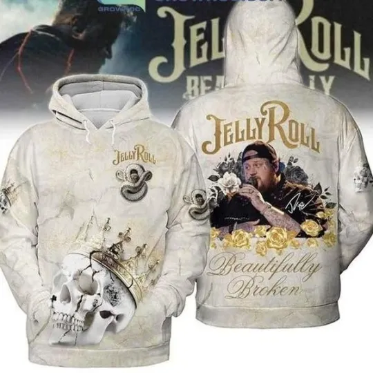 Jelly Roll Beautifully Broken 3D Hoodie Skull Crown Unisex Music Merch