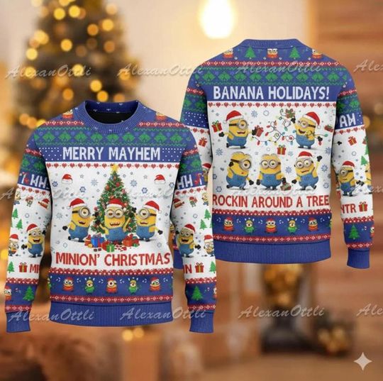 Minions Merry Mayhem Cartoon Movie Ugly Christmas Sweater, Funny Minions Despicable Me Gift for Fans