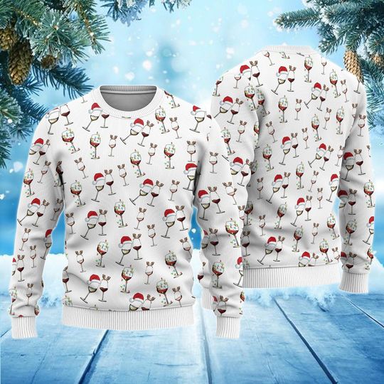 Discover Wine Glass Ugly Christmas Sweater, Wine Red Xmas Sweater, Santa Hat Cheers Sweater