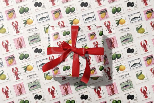 Lobster Sardine Wrapping Paper, Mediterranean Coast Aesthetic Luxury Gift Wrap, Spanish Italian Food Market Foodie Tinned Fish Gift Paper
