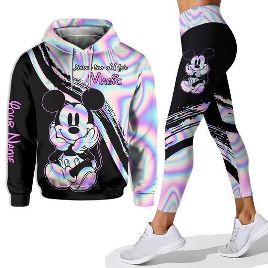 Discover Personalized Mickey Mouse Hoodie and Leggings Set, Holographic Disney Outfit for Women, Custom Name Never Too Old for Magic Clothes
