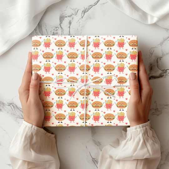 Discover Cute Burger and Fries Wrapping Paper, Kawaii Fast Food Gift Wrap with Cartoon Characters, Fun Birthday Party Gift Wrap Paper