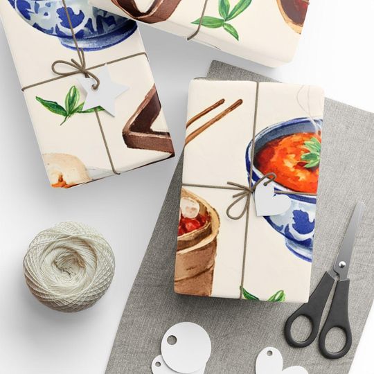Discover Watercolor Asian Food Gift Wrap: Dim Sum, Noodles, and Steamed Buns