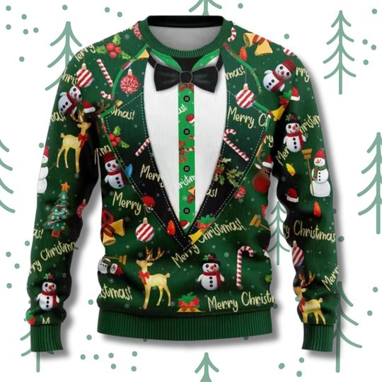 Discover Christmas Tuxedo Sweater 3D Print Funny Ugly Holiday Party Pullover, Green Suit Bow Tie Reindeer Snowman