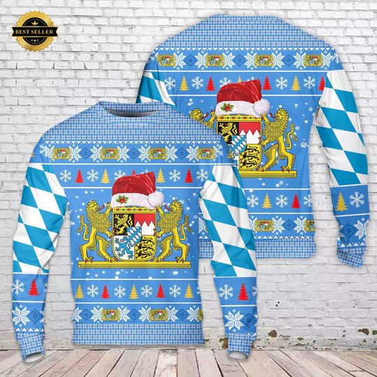 Discover Bavarian Ugly Christmas Sweater - Bavarian Crest Holiday Sweater with Santa Hat for Oktoberfest Fans