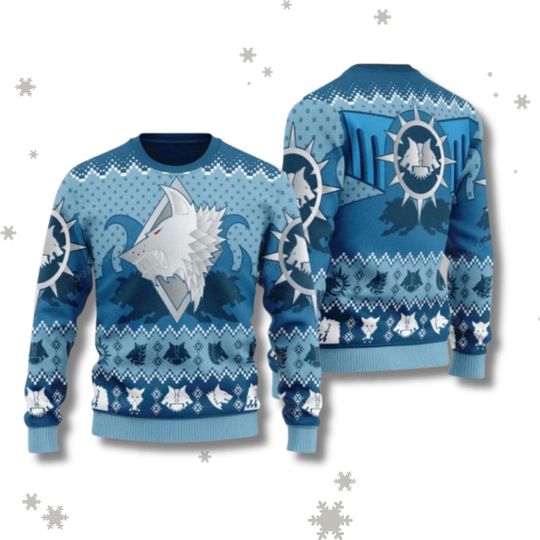 Discover Space Wolves Inspired Ugly Christmas Sweater, Warhammer 40K Blue Wolf Sigil 3D Knit, Unisex Gamer Holiday Party Pullover, Geek Gift