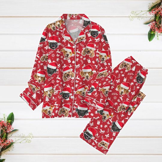 Discover Personalized Christmas Pajama Set with Pet Faces for Adults