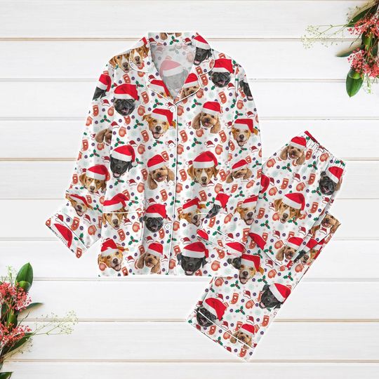 Discover Custom Dog Photo Pajama Set, Personalized Family Face Pajamas, Pets Santa Christmas Pajamas