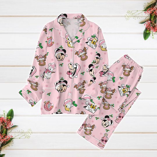Discover Disney Mickey and Friends Christmas Pajama Set for Adults with Minnie Mouse, Goofy, Daisy, Donald, and Pluto
