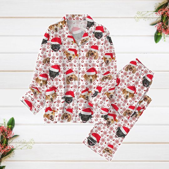 Custom Dog Photo Pajama Set, Personalized Face Family Sleepwear, Pets Santa Xmas Loungewear
