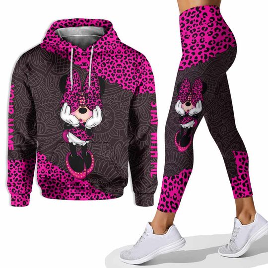 Discover Pink Leopard Minnie Mouse Hoodie and Leggings Set, Cute Disney Outfit for Women, Custom Name Sweatsuit, Trendy Matching Gift