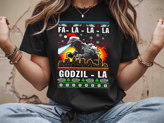 Discover Fa La La La god zilla Christmas Vintage T-Shirt, Funny god zilla Xmas Shirt, Retro Kaiju Holiday Tee, god zilla Gift Shirt for Fans